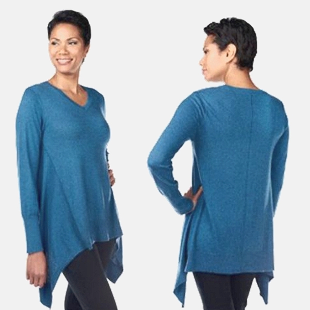 LOGO Lori Goldstein Cotton Cashmere V-neck Asymmetrical Sweater, 1X
